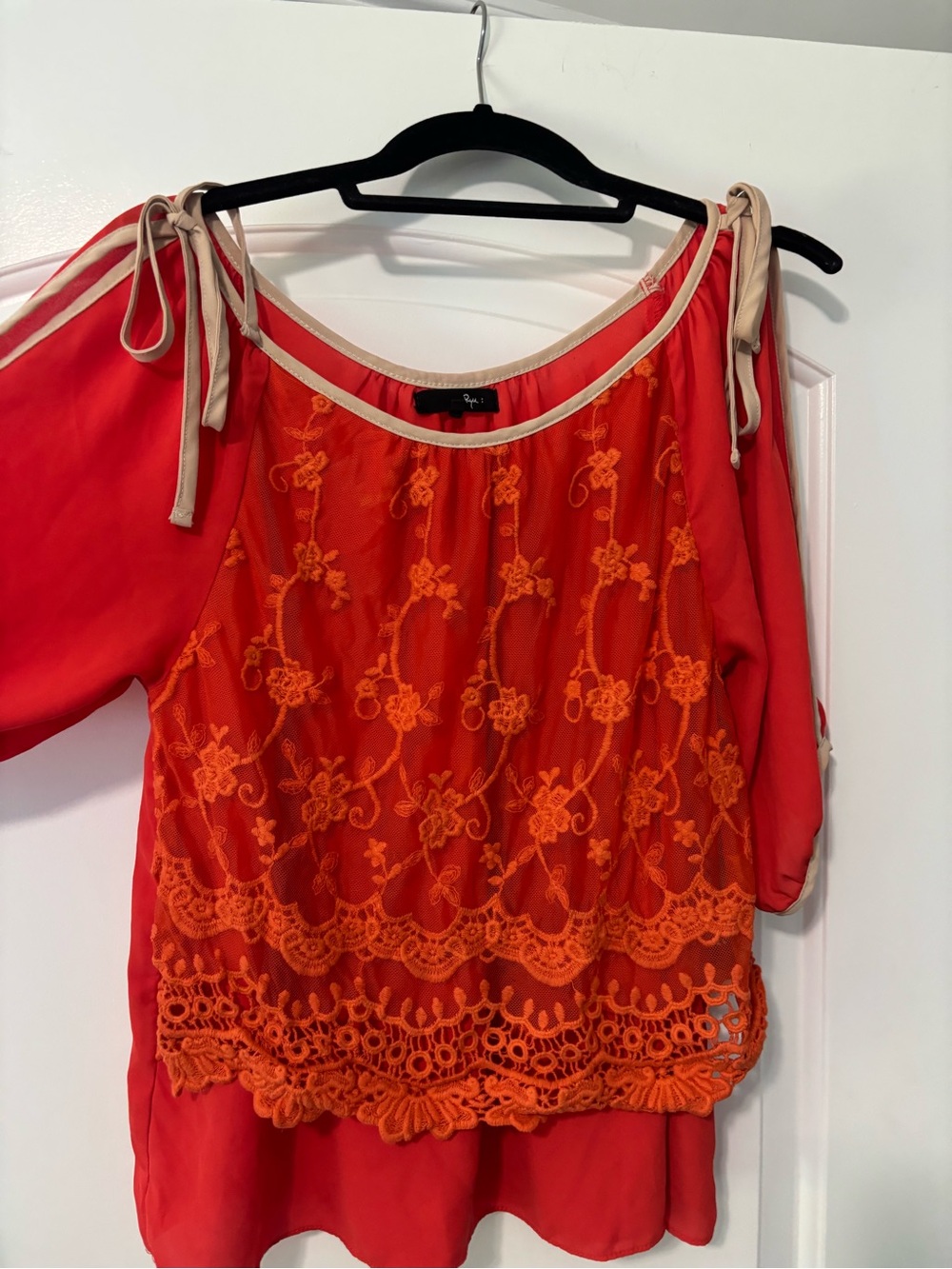 Ryu Red Orange Embroidered Cold-Shoulder Blouse